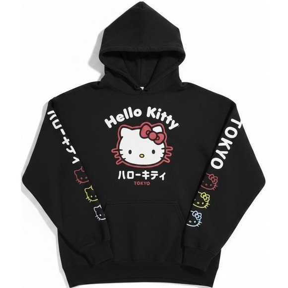 Hello Kitty Tops - Hello Kitty Tokyo Sanrio Womens Large Black Hoodie Sweatshirt Graphic Pullover